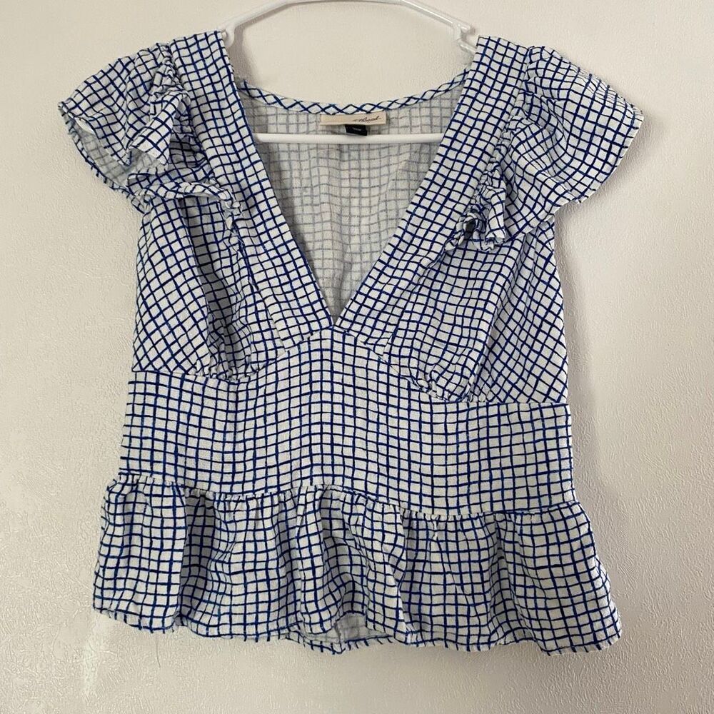 Universal Thread Blue Check Ruffle Peplum Top Small - Picture 2 of 10